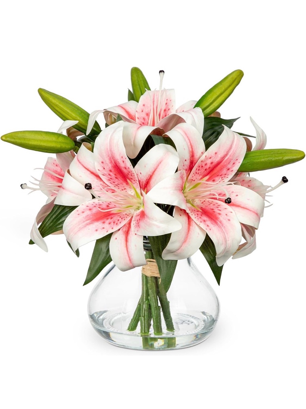 NWT Pink and White Stargazer Lily Arrangement in Glass Vase-Faux Silk Florals